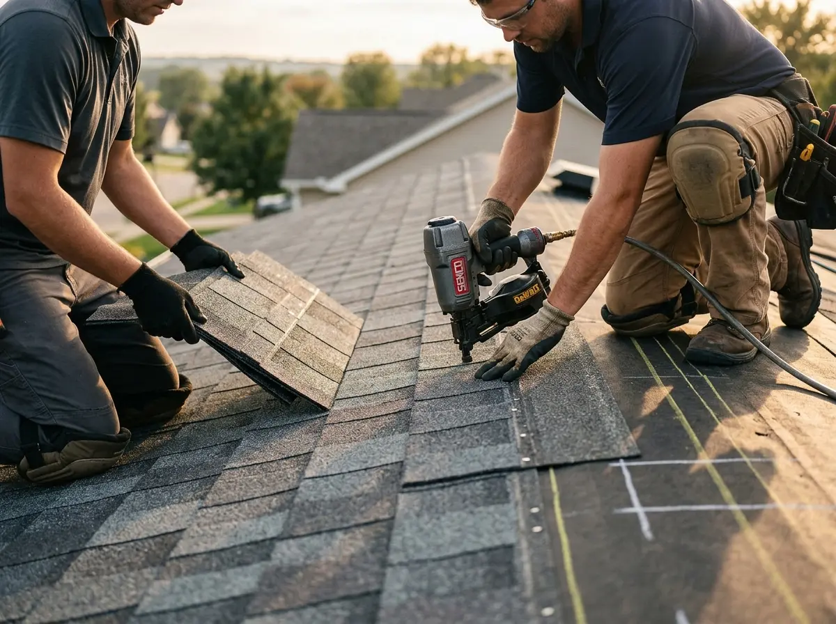 Professional roofer working on a residential roof in Howell